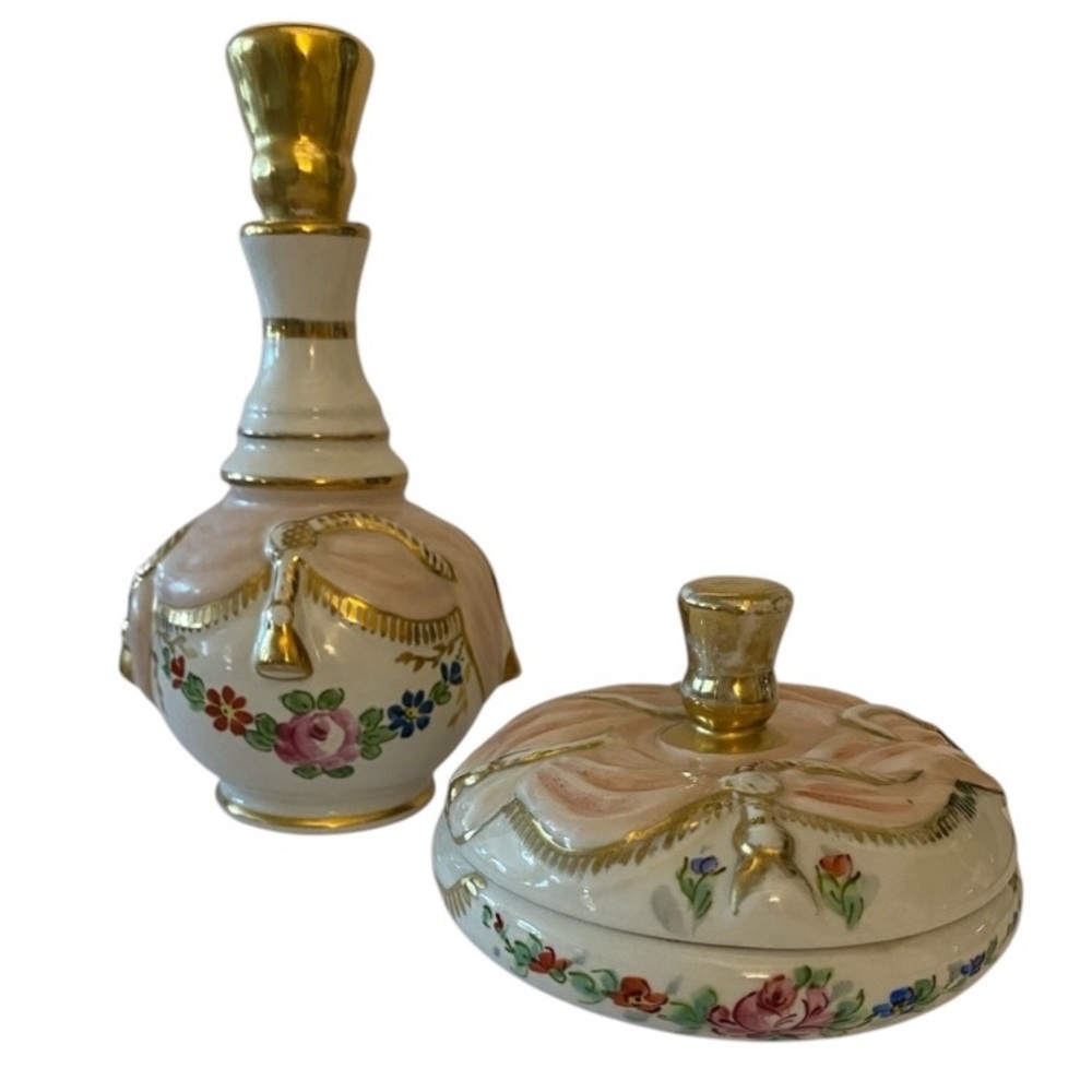Carlin Comforts Pink Porcelain Vanity Perfume Decanter & Powder Dish